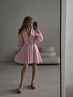 Изысканное платье с оригинальным воротничком и рюшами Лен коттон принт 42-44,46-48 Цвета 2 Розовый
