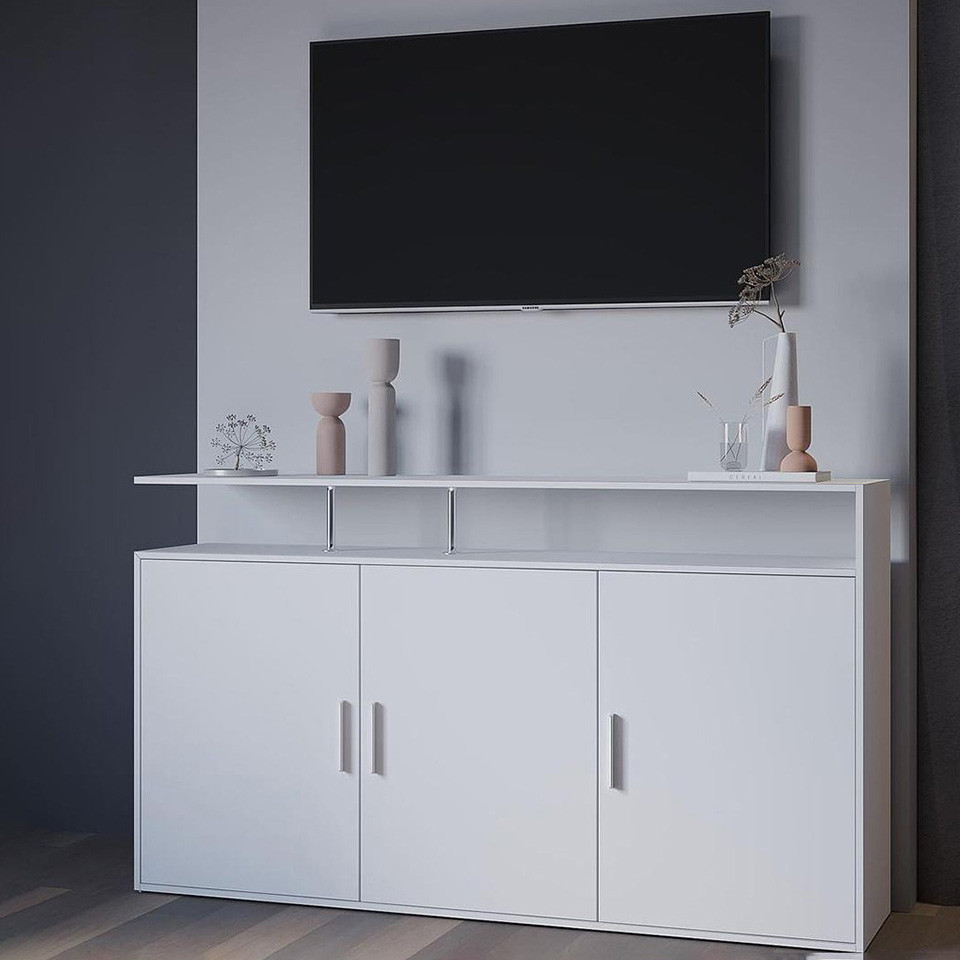 Тридверний комод під телевізор з широкою полицею в залі, сучасна тв тумба на 6 відділень у вітальню, фото 1