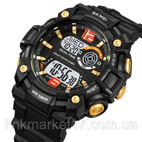 Чоловічий військовий водостійкий (50м) електронний наручний годинник Skmei 2018GDWT Gold-White, фото 1