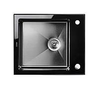 Кухонная мойка Platinum Handmade PVD BLACK GLASS 600х510х200 мм черная, из нержавеющей стали и стекла