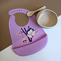 Набор силиконовой детской посуды для прикорма (3в1), глубокая тарелка, слюнявчик, ложка