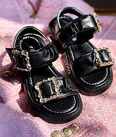 Босоніжки дитячі для дівчинки із брошкою з камінцями Чорні, сандалі для дівчинки