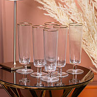 Бокал для шампанского фигурный из тонкого стекла ребристый с золотым ободком 6 шт (Бокалы)