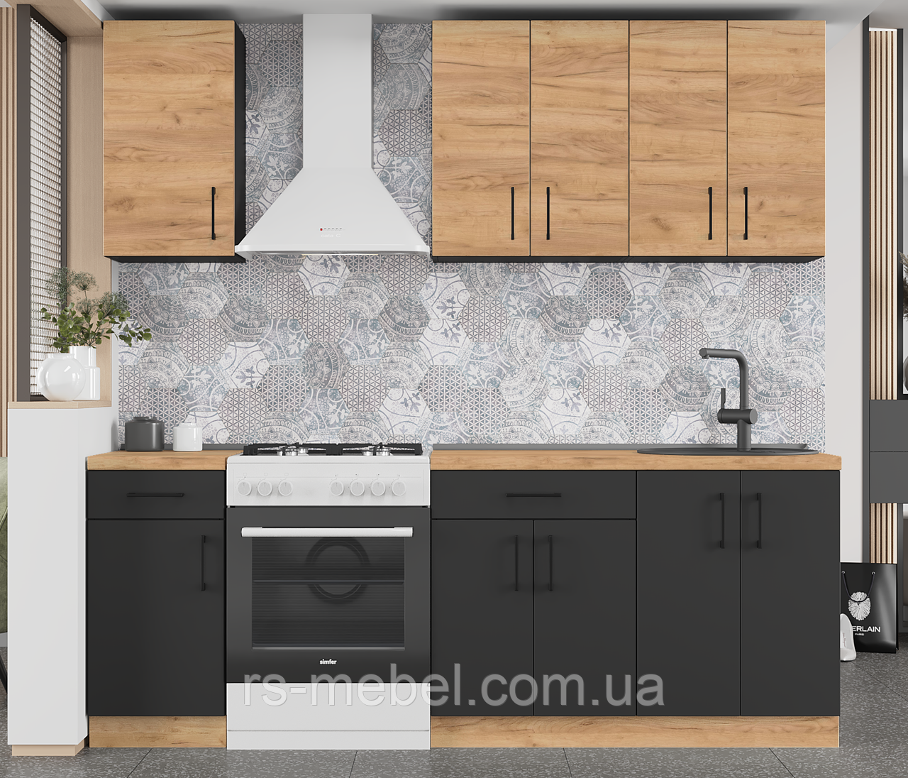 Кухня Оптіма К-4 (2,2 м/пог.), фасад антрацит + крафт золотий (Еверест)