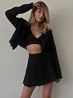 Женский юбочный черный,летний костюм тройка (юбка+ укороченный пиджак+топ).Классический оверсайз костюм 44/46, М-L