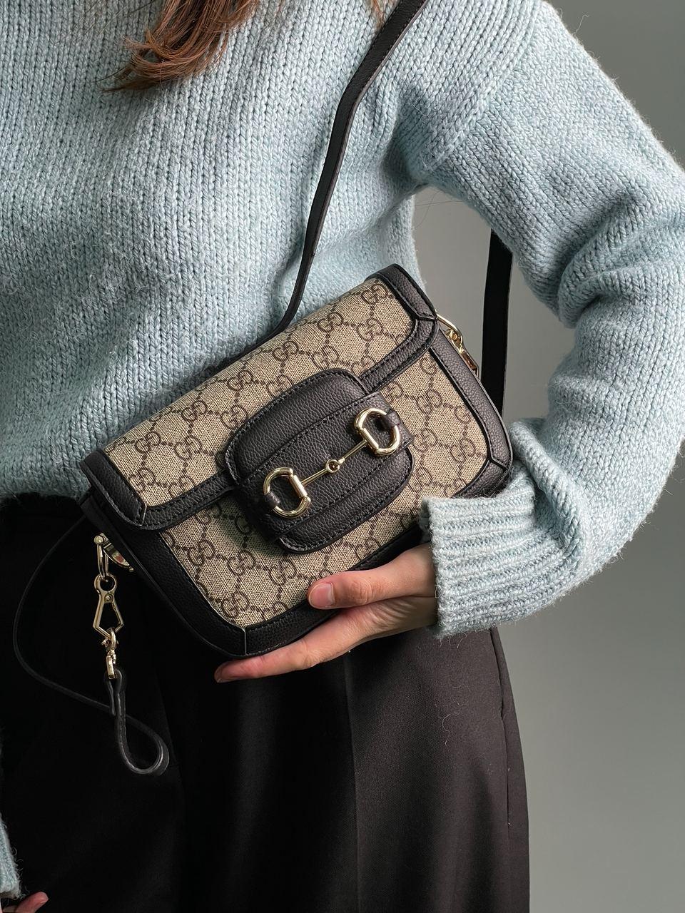 Жіноча сумка Гуччі сіра Gucci Horsebit 1955 Mini Bag Grey/Black