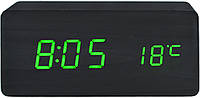 Настольные часы VST-862 с термометром черное дерево (зеленая подсветка) (6770) sh