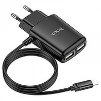 Зарядное устройство HOCO C82A Real power два USB порта Lightning со встроенным кабелем Чёрный sh