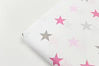 Лоскуток.Ткань со звездами 4 см серо-розовыми на белом фоне №243, 78*160 см