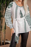 Современная Женская вышиванка белая с зеленой вышивкой, Блузка женская длинный рукав на День вышиванки, 2XL