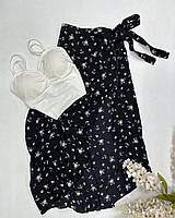 Женская яркая юбка миди на запах 42/46,ткань софт мод 166 черная в цветочек