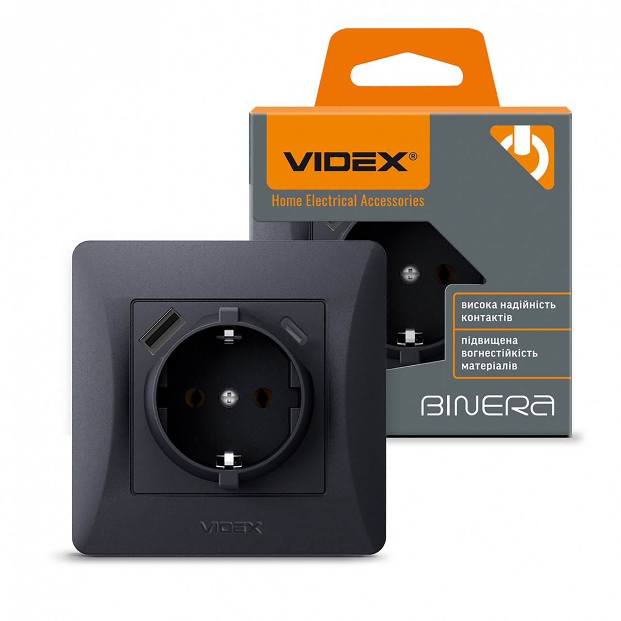 (Minimum 1000 грн) Розетка одинарна із заземленням і USB+USB-C чорний графіт VIDEX BINERA