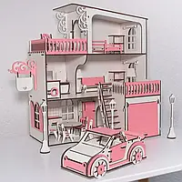 Детский домик для кукол LOL с гаражом и машинкой, игрушечный розовый дом из дерева для куклы лол