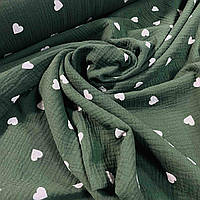 Ткань муслин жатый двухслойный, белые сердечки на зеленом (шир.1,35м) (MS-JAT-2-0099)
