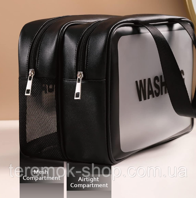 Органайзер з ручками сумка для косметики чорна прозора еко-шкіра Washbag 27х16х14 см дорожня косметичка, фото 1