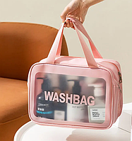 Органайзер с ручками сумка для косметики розовая прозрачная эко-кожа Washbag 27х16х14 см дорожная косметичка