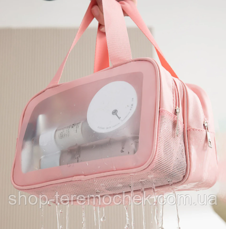 Сумка органайзер рожева прозора Washbag 27х16х14 см з ручками косметичка для банного приладдя, фото 1