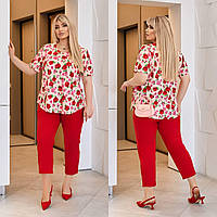 Летний яркий брючный женский костюм батал: блуза + укороченные брюки (р.48-62). Арт-2055/42 красный