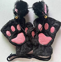 Перчатки-митенки кошачьи лапки без пальцев и обруч на голову с ушками, женский набор с ушками кота аниме