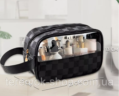 Сумка органайзер для косметики чорна еко-шкіра Washbag 21х12х8см дорожня косметичка з ручкою для підвішування