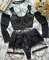 Женское сексуальное белье с цепочками комплект 5 в 1 черный бюстгальтер + трусики + пояс + гартеры + перчатки