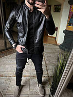 Мужская классическая куртка бомбер из мягкой кожи черная, размер S-M! (производитель - Турция)