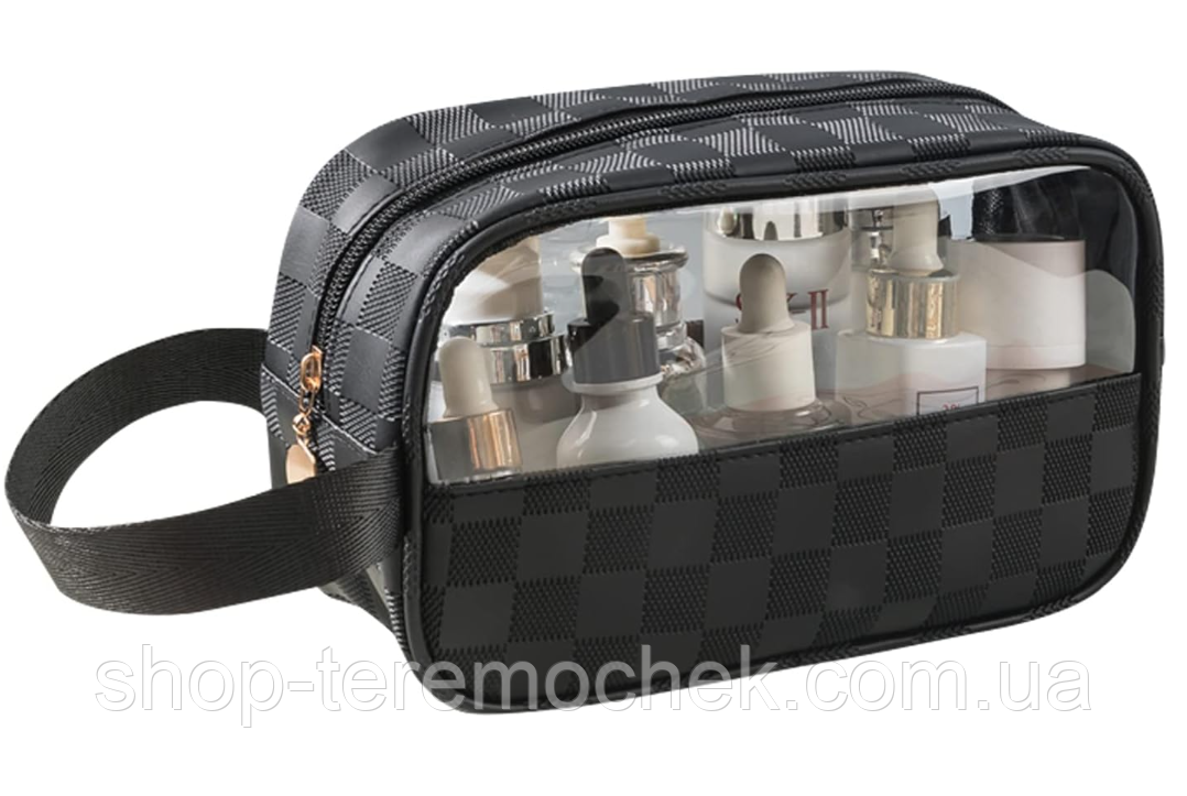 Косметичка-органайзер для косметики чорна еко-шкіра Washbag 21х12х8см дорожня сумка з ручкою для підвішування