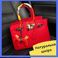 Женская брендовая сумка Эрме биркин натуральная кожа 30см красного цвета с платочком замком и ключем