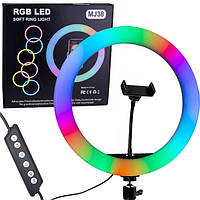 Кольцевая светодиодная LED лампа RGB Mj-38 (38см)с 1 креплением+пульт Цветное кольцо для селфи,сьемок тик тока