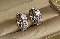 Серьги колечки Xuping Jewelry Две дорожки с большим квадратным камнем 1.8 см серебристые