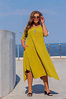 Стильна літня сукня великого розміру модне плаття батал з льон жатки вільне плаття міді на літо модна сукня довга 50-52 54-56-62