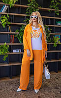 Прогулочный женский костюм тройка (рубашка, блуза и брюки) из жатого крепа оранжевый