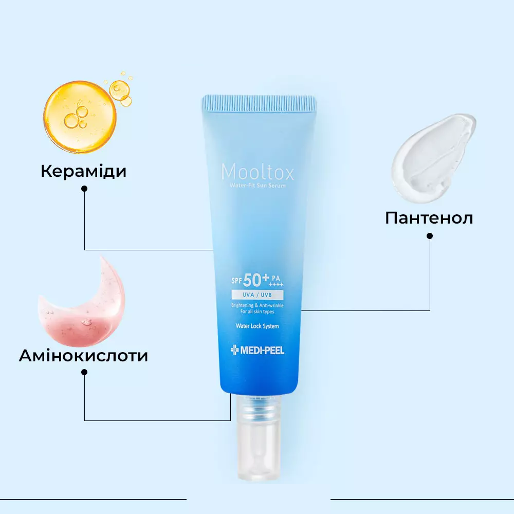 Ультразволожуюча сонцезахисна сироватка Medi-Peel Aqua Mooltox Water-Fit Sun SPF 50+ PA++++ 50 ml, фото 1