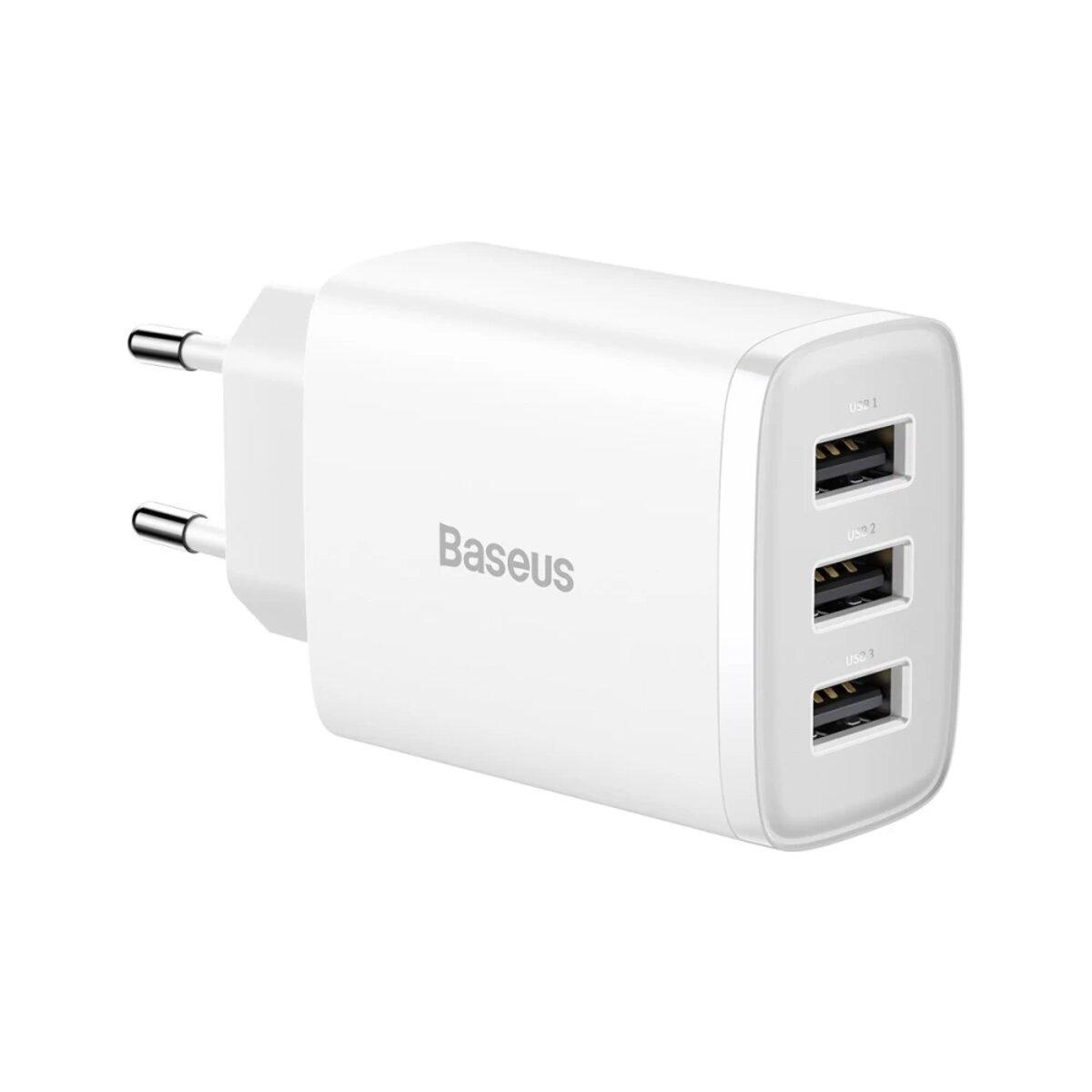 Мережевий зарядний пристрій Baseus Compact Charger 3U 17W EU White, 3 USB-порти, 17 Вт, білий, фото 1