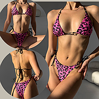 Раздельный женский купальник бикини леопардовый на завязках со съемными чашками трендовый розовый