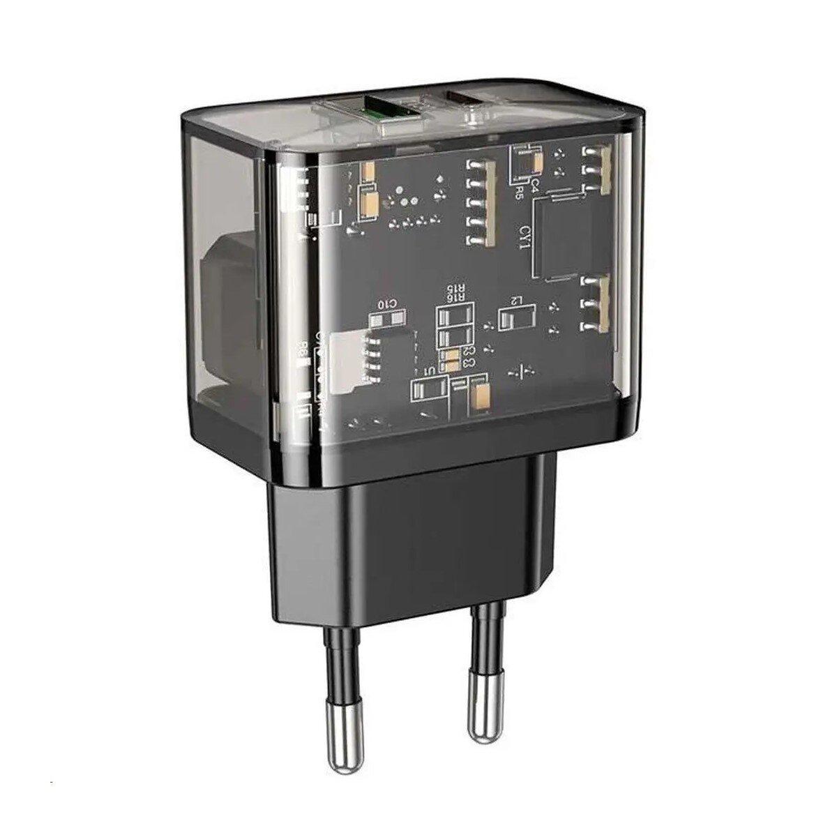 Мережевий зарядний пристрій HOCO N34 Dazzling dual-port PD20W+QC3.0 charger Transparent Black, 2 USB-порти, 20W, фото 1