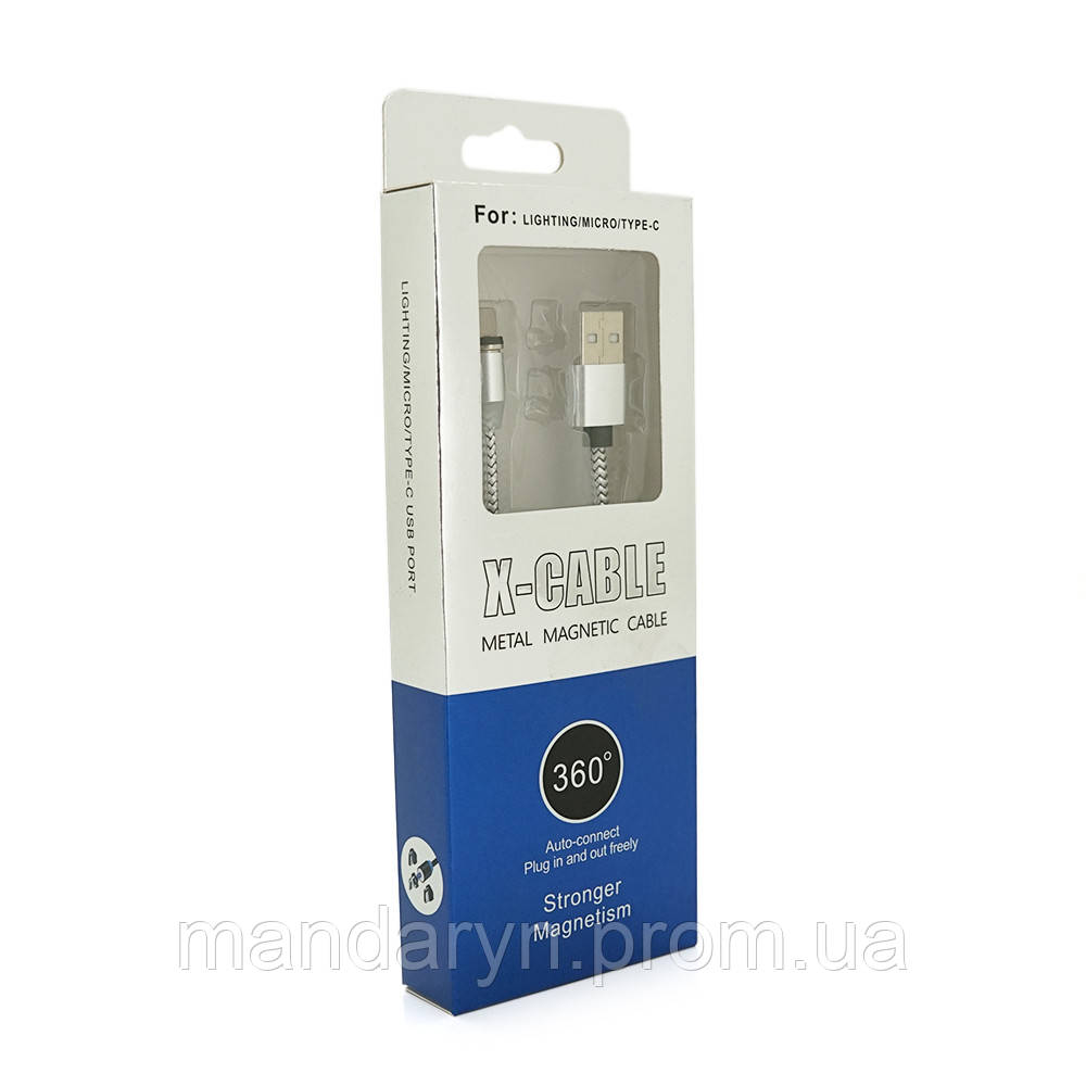Магнитный кабель PiPo USB 2.0/Lighting, 1m, 2А, тканевая оплетка, бронированный, съемник, Silver, BOX b - фото 3 - id-p2062941791