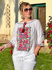 Блузка жіноча з яскравою квітковою вишивкою 100% бавовна (з L по 3XL )