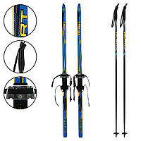 Лыжи беговые подростковые в комплекте с палками Zelart SK-0881-150B цвет синий-желтый-черный dl