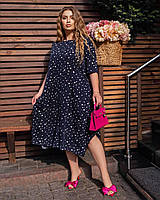 Літня сукня-трапеція великого розміру софт батальна сукня в горошок вільне плаття міді на літо модна сукня довга 50-52 54-56-62