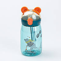 Детская бутылка для воды с трубочкой 500 мл с трубочкой с крышкой флип топ "Медвежонок" Синяя