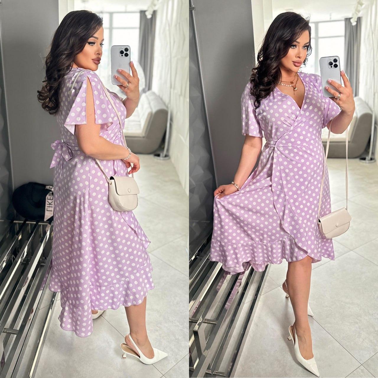 Літня легка сукня в горошок на запах з пояском, подовжена ззаді, батал великі розміри, фото 1