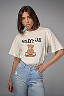 Хлопковая футболка с принтом медвежонка - бежевый цвет, S (есть размеры) se
