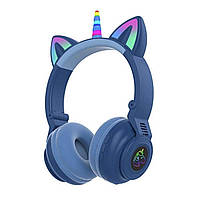 Бездротові дитячі Bluetooth навушники LED з котячими вушками Єдиноріг STN-27 Сині
