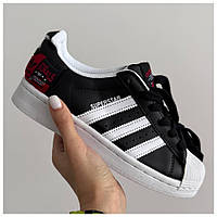 Женские кроссовки Adidas Superstar Black White Red, черно-белые кожаные кроссовки адидас суперстар