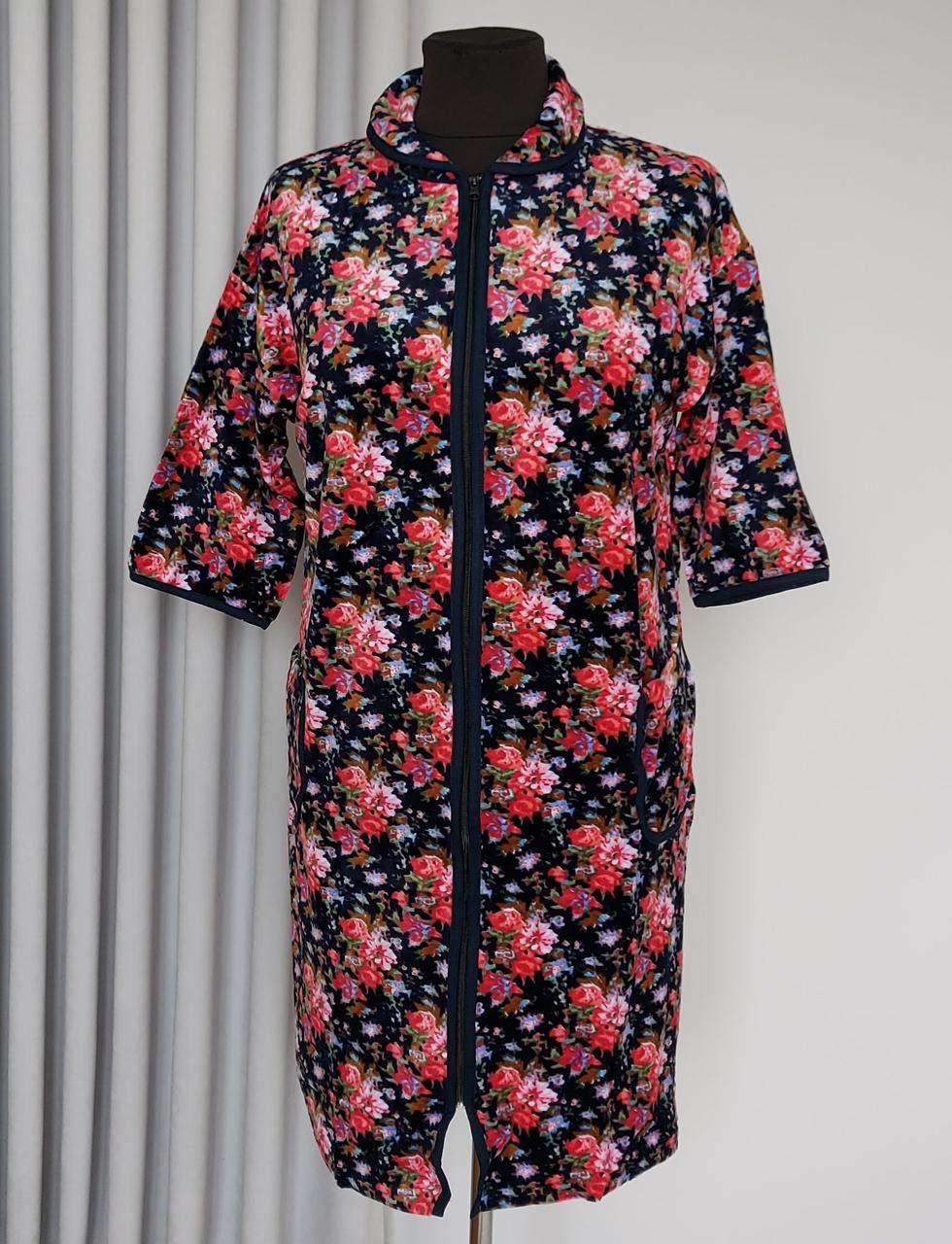 Велюровий жіночий халат на блискавці з рукавами три чверті (56, 58 р), фото 1