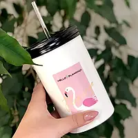 Стакан с крышкой и трубочкой керамический "Фламинго", 500мл (Стакан для кофе) Білий птах