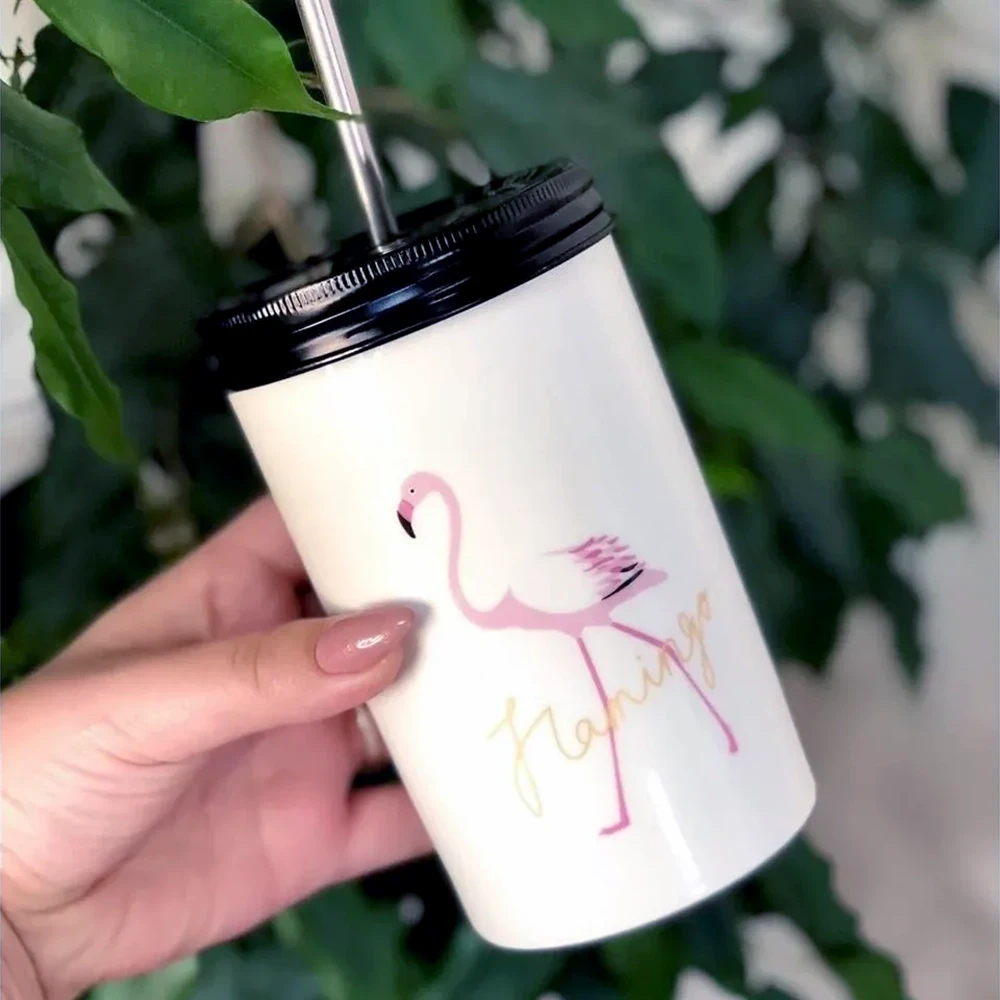 Стакан з кришкою і трубочкою керамічний "Фламінго", 500мл (Стакан для кави) Біле крило, фото 1