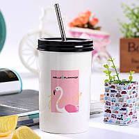 Стакан с трубочкой и крышкой "Фламинго", 500мл (Керамический стакан для кофе) Білий птах