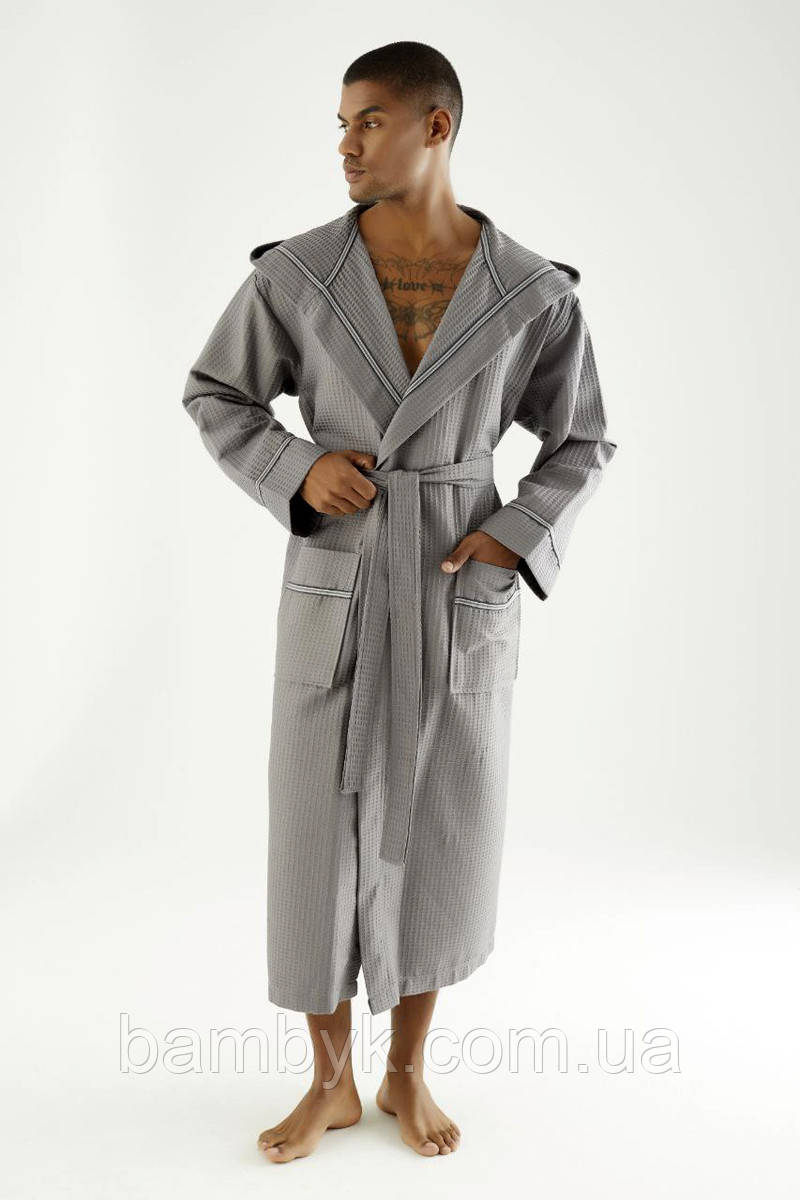Вафельний чоловічий халат з капюшоном сірого кольору 100%-бавовна преміум якість Nusa NS-24680 Туреччина